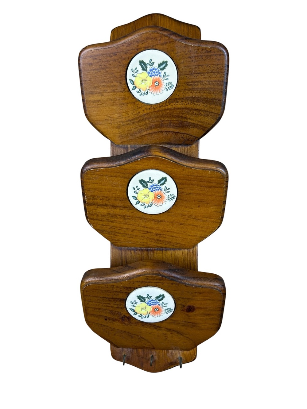 Vintage Wooden Mail Holder Bill Organizer Key Hooks Floral Mounted Farmhouse